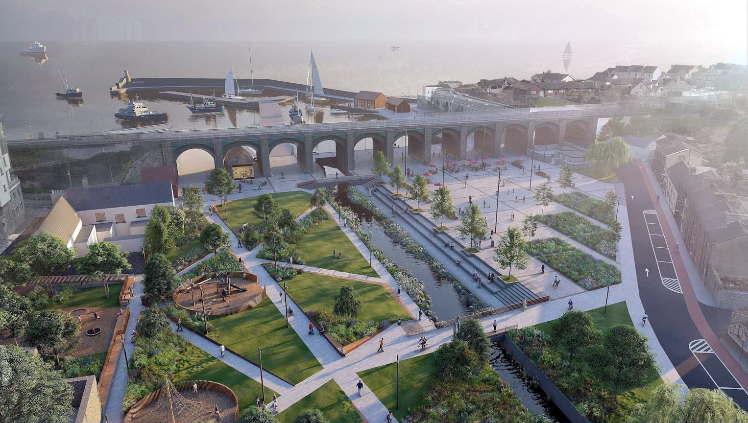Balbriggan's 11-arch railway bridge (1844) connecting it to Dublin/Belfast and revamped Quay St. Public Realm.